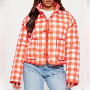 Vibrant Red Checkered Women's Puffer Jacket